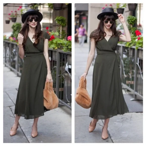 Reformation Women's Carina Sheer Cap Sleeve Wrap Dress in Army - Picture 2 of 8